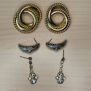 3 Pairs Gold-Toned Earrings: Linked Rope Ring, Textured Semi-Hoops, Stone Drop